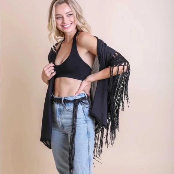 Black Crochet Medallion Tassel Bohemian Kimon Open Wrap Top One Size - Picture 2 of 2